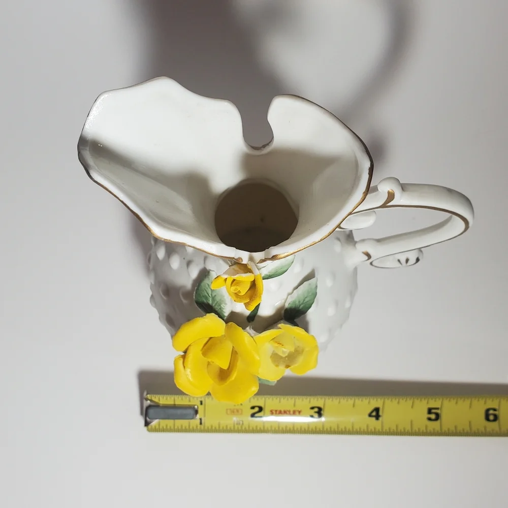 Vintage Lefton China, Japan Porcelain Pitcher Vase with Yellow Rose Flowers EVC